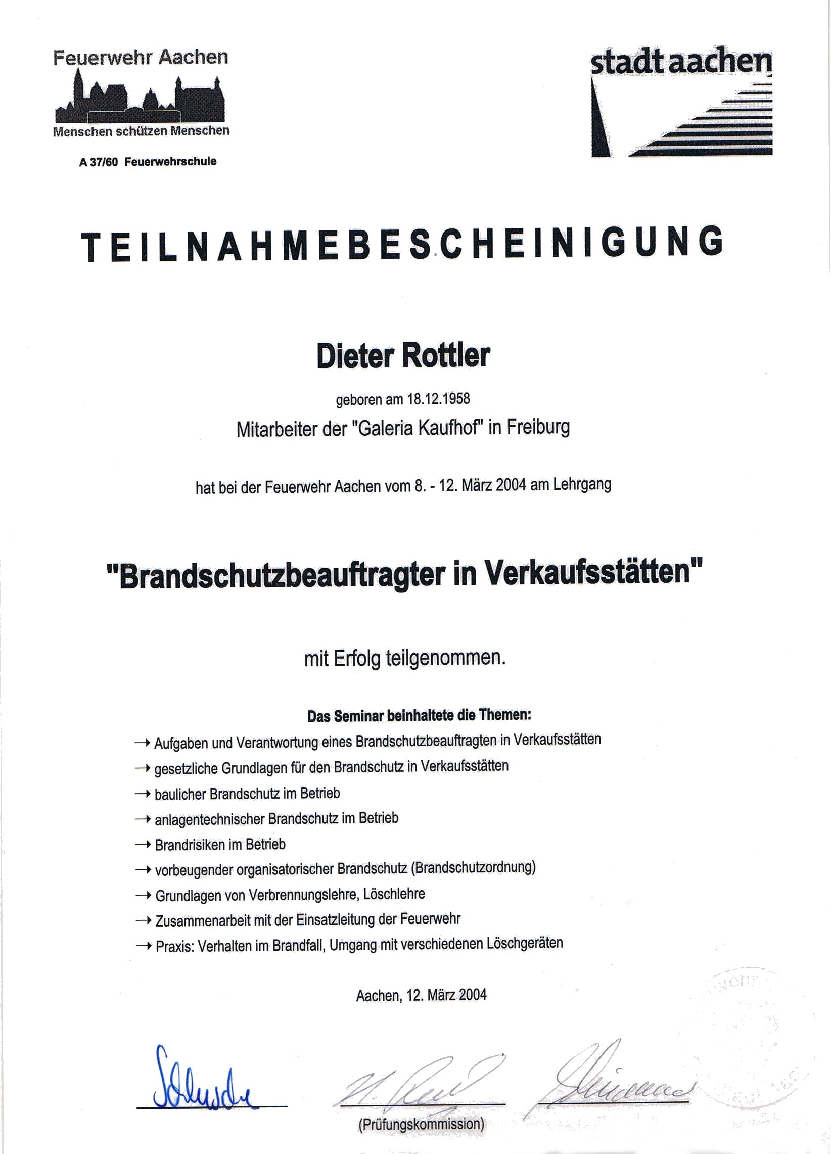 Teilnahmebescheinigung Brandschutzbeauftrgter